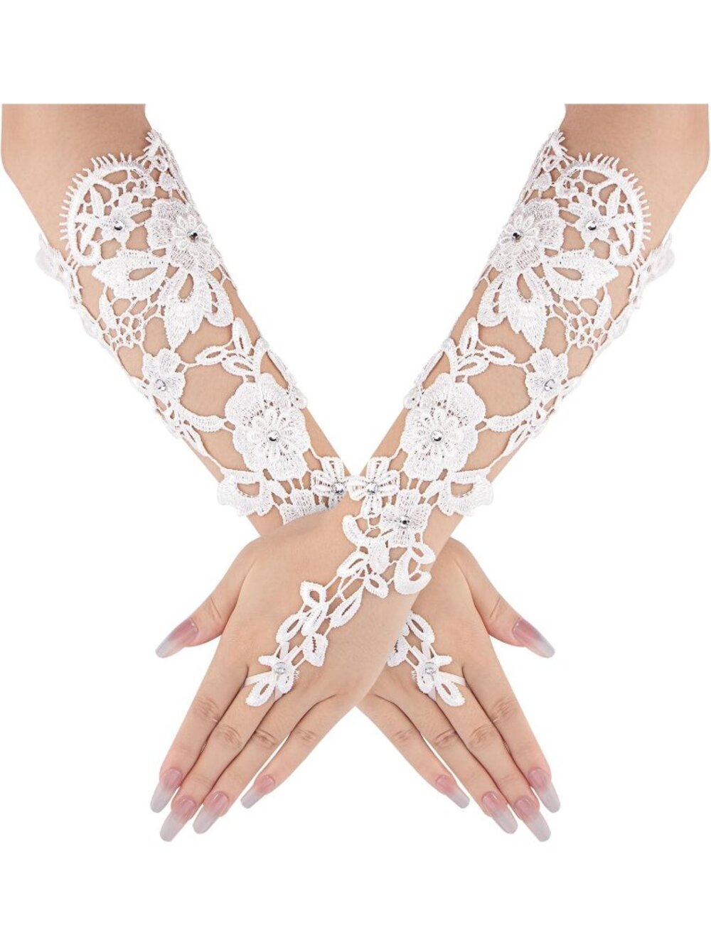 Women White Style 3 rhinestone Fingerless Lace Party Elbow length Bridal Gloves